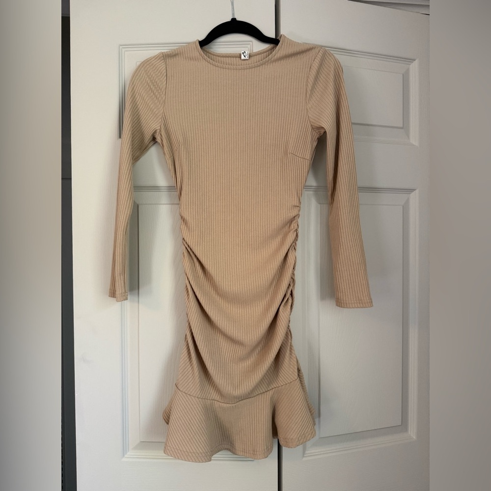Tan Sundress- Ruched Long Sleeve Bodycon Dress